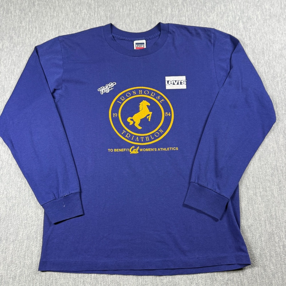 Levis Shirt Women M Blue 1984 Iron Horse Triathlon Cal Athletics USA Vintage